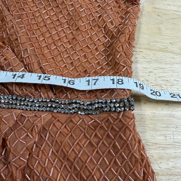 Mac Duggal NWT Copper Beaded Wrap Over Puff Sleeve Dress Rhinestone Waist Sz 16 - Picture 8 of 10
